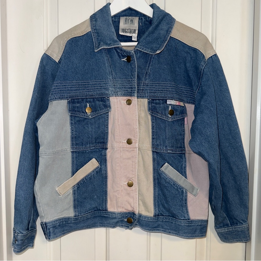 Vintage 90s TOGETHER! Jean Jacket Size Small Cotton Patchwork Unisex Streetwear - Picture 1 of 9